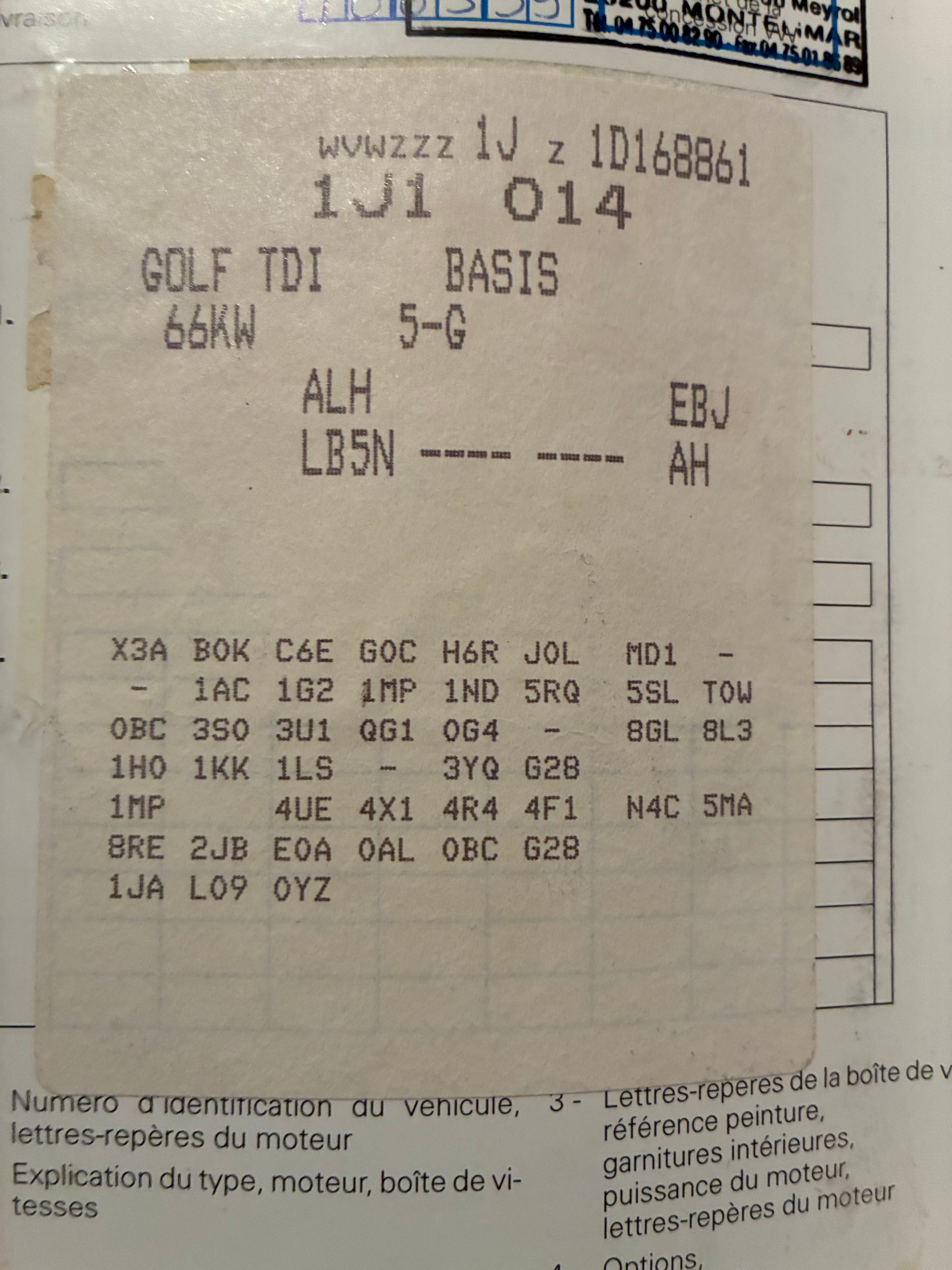 Identification Golf 4 1,9 TDI